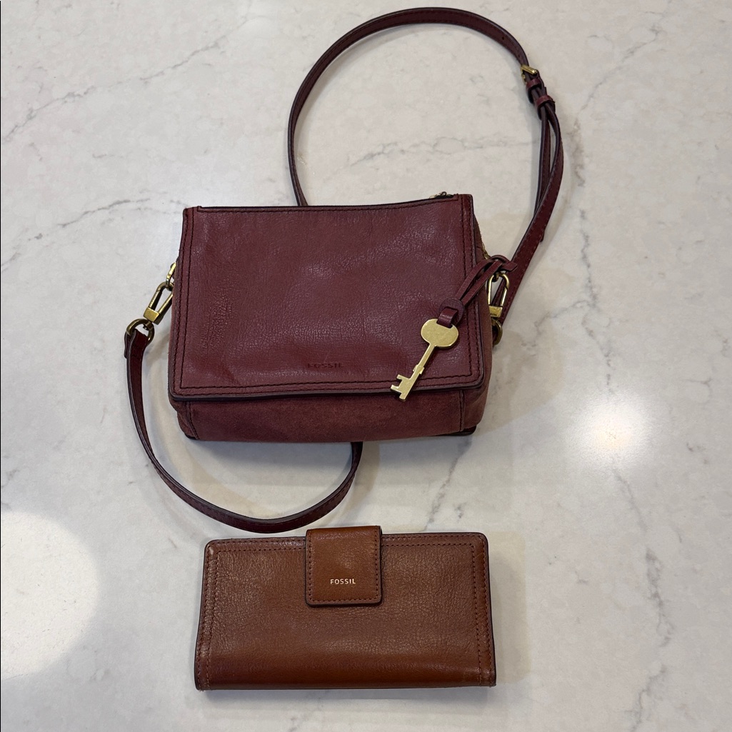 Fossil Bundle Maroon Crossbody Bag With Brown Wallet